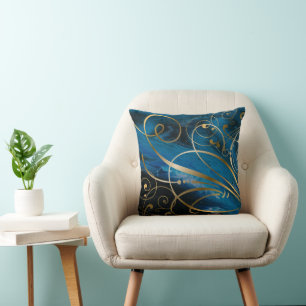 Blue Black Gold Swirls Flourishes Throw Pillow