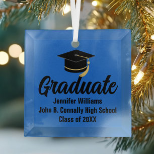 Blue Black Graduate Personalized Graduation Glass Ornament