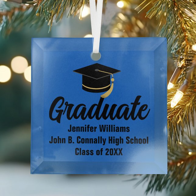 Blue Black Graduate Personalized Graduation Glass Ornament (Creator Uploaded)