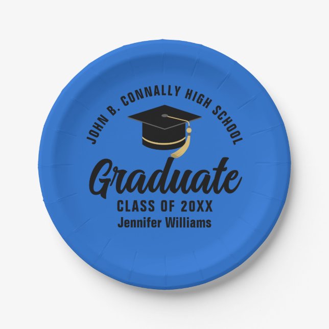 Blue Black Graduate Personalized Graduation Party Paper Plate (Front)