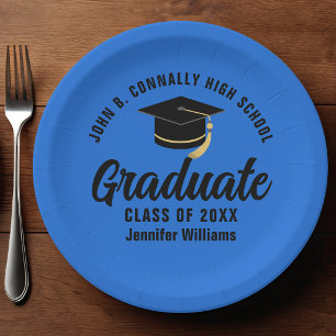 Blue Black Graduate Personalized Graduation Party Paper Plate
