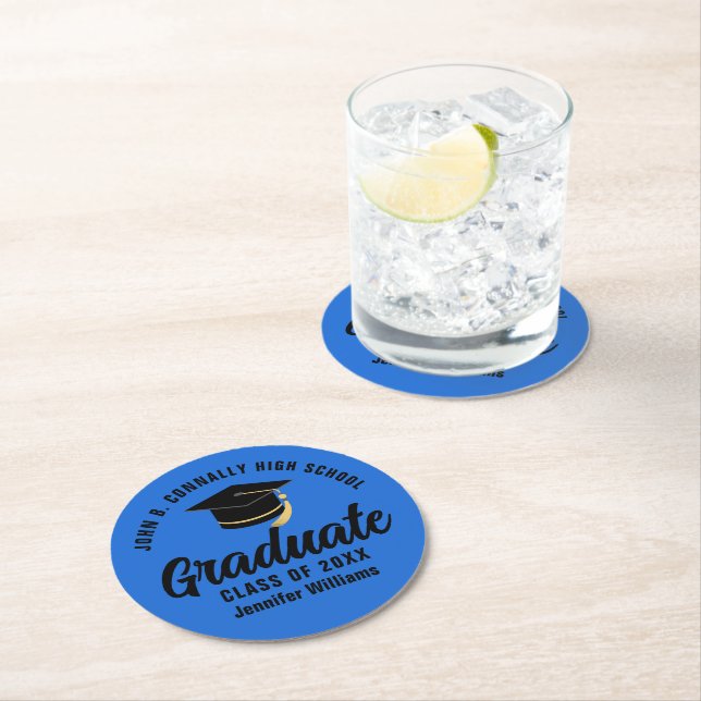 Blue Black Graduate Personalized Graduation Party Round Paper Coaster (Insitu)