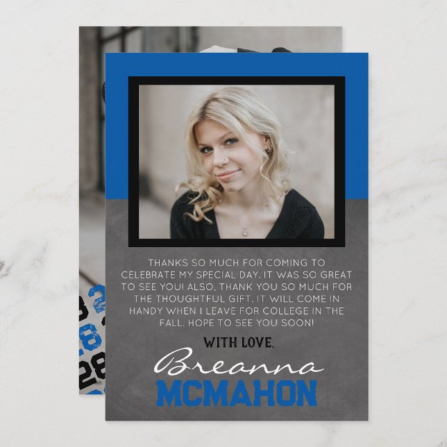 Blue & Black Graduation 2 Photo Thank You Card (Creator Uploaded)