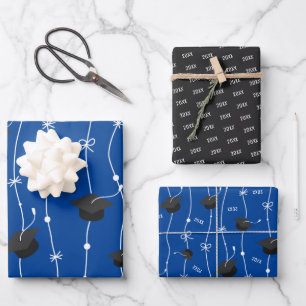 Blue & Black Graduation Cap Toss Wrapping Paper