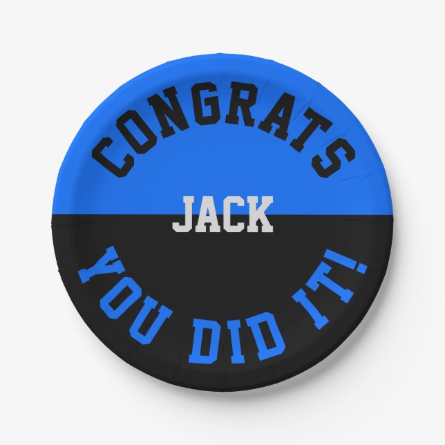 Blue & Black Graduation Congrats - You Did It Paper Plate (Front)