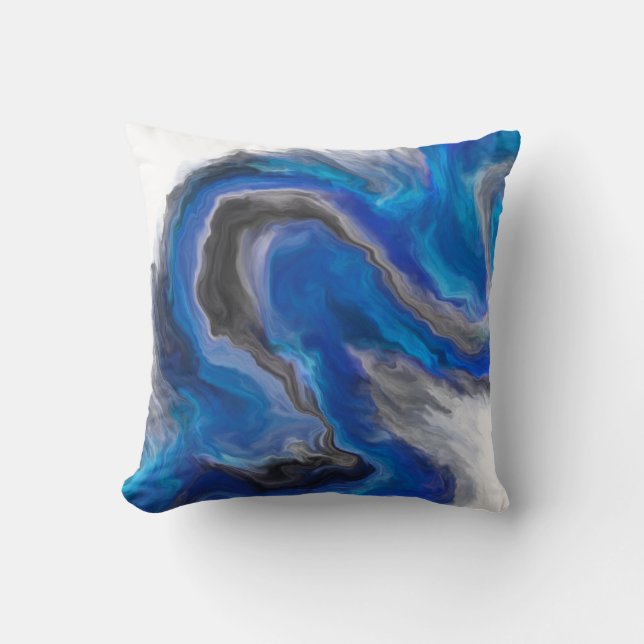 Blue Black Grey Jewel Tone Fluid Art Painting Throw Pillow (Front)