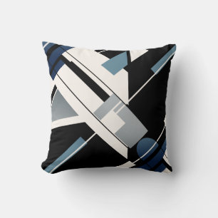 Blue Black Grey White Diagonal MCM-inspired Design Throw Pillow