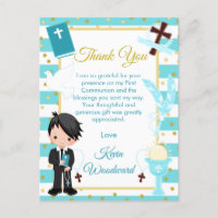 Blue Black Hair Boy First Communion Thank You