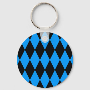 Blue Black Harlequin Diamonds Checkers Design Keychain