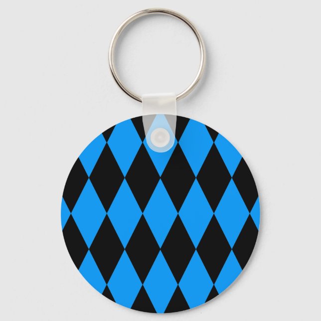 Blue Black Harlequin Diamonds Checkers Design  Keychain (Front)