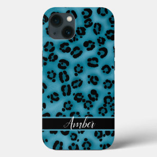 Blue Black Leopard Print Personalized iPhone 13 Case