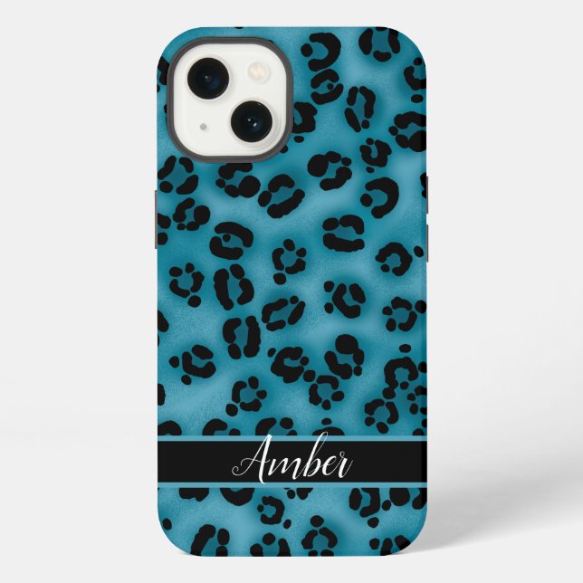 Blue Black Leopard Print Personalized iPhone Case (Back)
