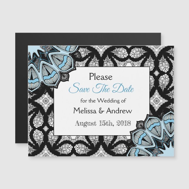 Blue Black Mandala Save the Date Magnetic Card (Front/Back)