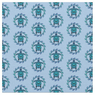 Blue Black Maori Sun Symbol Tribal Turtles Fabric