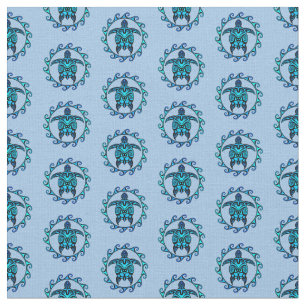 Blue Black Maori Sun Symbol Tribal Turtles Fabric
