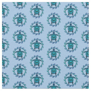 Blue Black Maori Sun Symbol Tribal Turtles Fabric