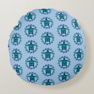 Blue Black Maori Sun Symbol Tribal Turtles Round Pillow