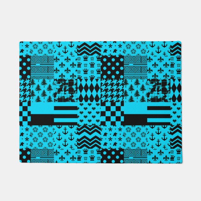 Blue Black Mixed Patterns Patchwork Design  Doormat (Front)