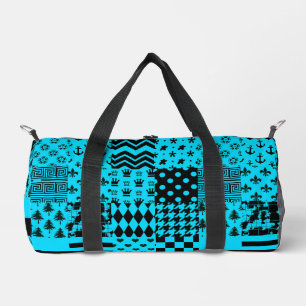Blue Black Mixed Patterns Patchwork Design Duffle Bag