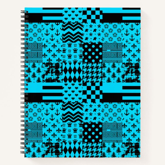Blue Black Mixed Patterns Patchwork Design  Notebook (Front)