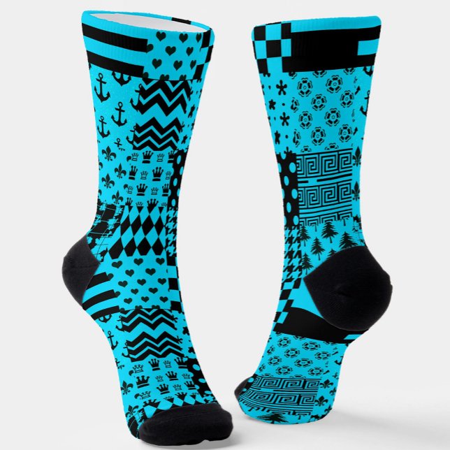Blue Black Mixed Patterns Patchwork Design  Socks (Creator Uploaded)