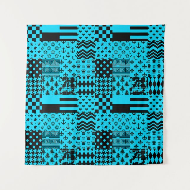 Blue Black Mixed Patterns Patchwork Design  Tapestry (Front)