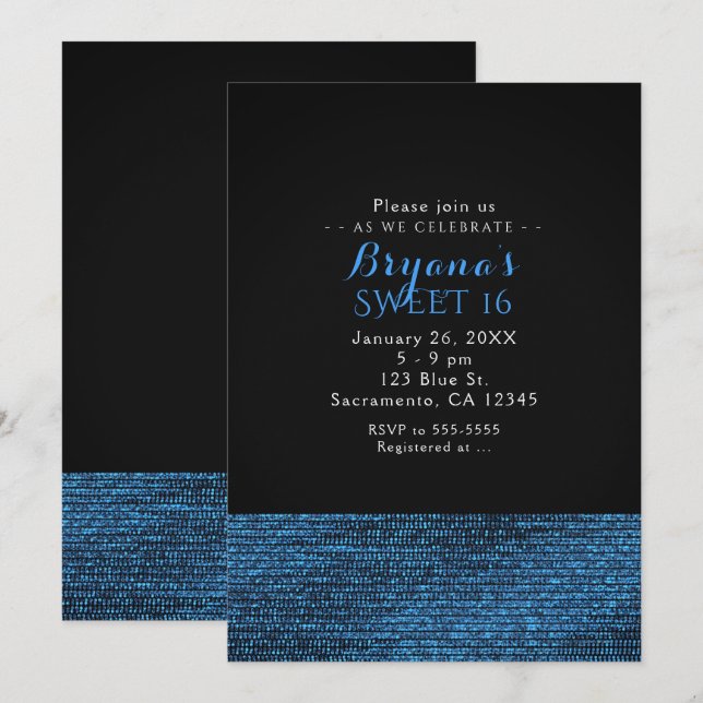Blue & Black Modern Glam Sequins Party Invitations (Front/Back)