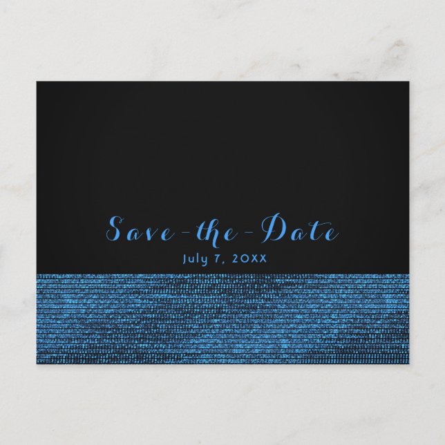 Blue & Black Modern Glam Sequins Save the Date Announcement Postcard (Front)