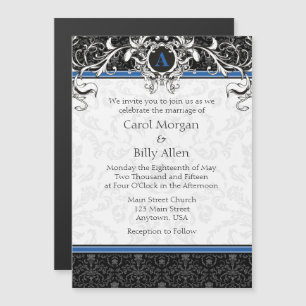 Blue Black Monogram Magnetic Wedding Invitation