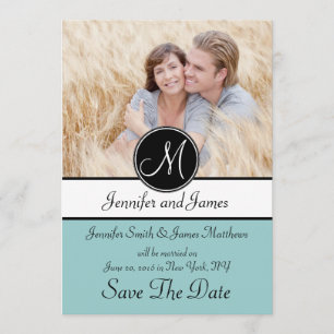 Blue Black Monogram Photo Save The Date Card