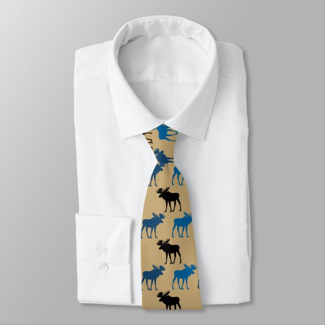 Blue Black Moose Pattern on Gold Tie (Tied)