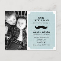Blue & Black Moustache Photo First Birthday Invite