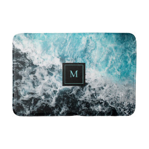 Blue Black Ocean Waves Hawaii Monogram Bath Mat