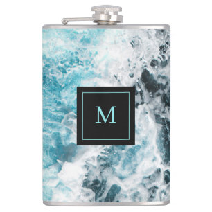 Blue Black Ocean Waves Hawaii Monogram Hip Flask