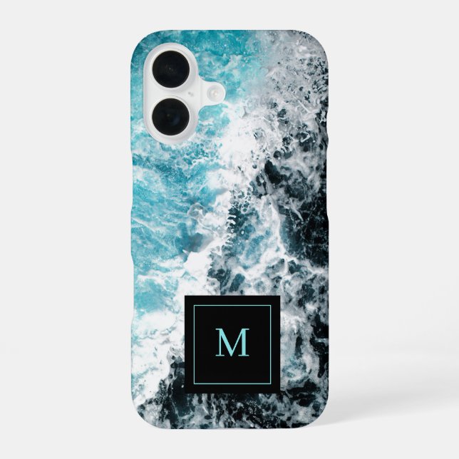 Blue Black Ocean Waves Hawaii Monogram iPhone 16 Case (Back)