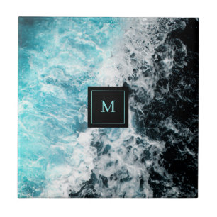 Blue Black Ocean Waves Hawaii Monogram Tile