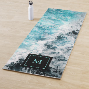 Blue Black Ocean Waves Hawaii Monogram Yoga Mat