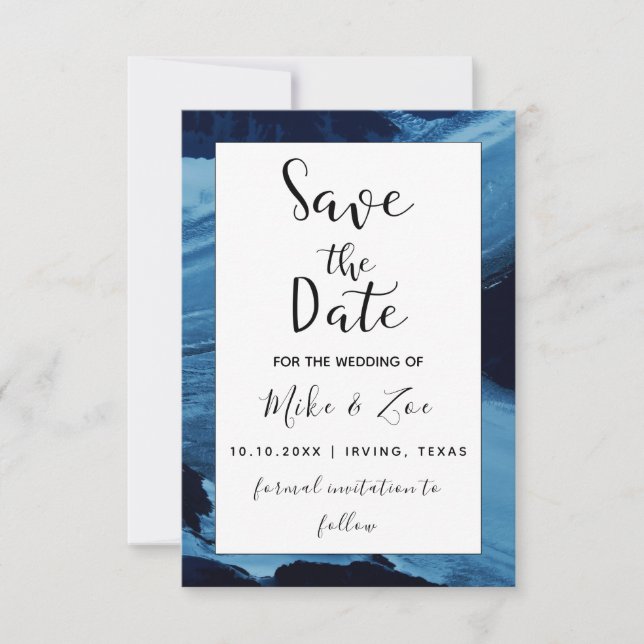 Blue & Black Paint Brushstroke Art Elegant Modern  Save The Date (Front)