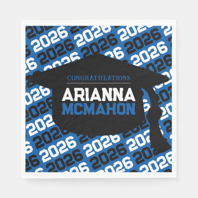 Blue & Black Personalized Graduation Cap Paper Napkin (Front)