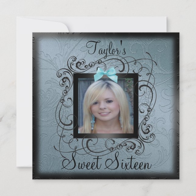 Blue & Black Photo Frame Sweet16 Birthday Invite (Front)