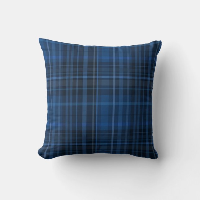 Blue Black Plaid Pattern Throw Pillow (Front)