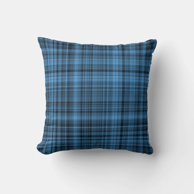 Blue Black Plaid Pattern Throw Pillow (Front)