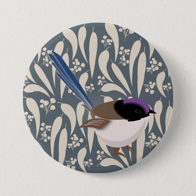 Blue, Black & Purple Fairy Wren 3 Inch Round Button (Front)