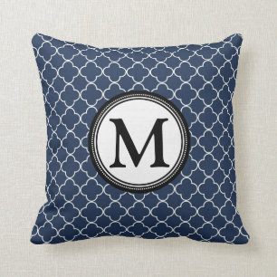 Blue Black Quatrefoil Monogram Decorative Pillow