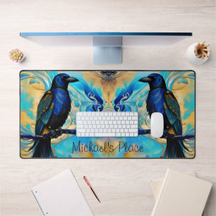 Blue Black Raven, blue and gold abstract  Desk Mat
