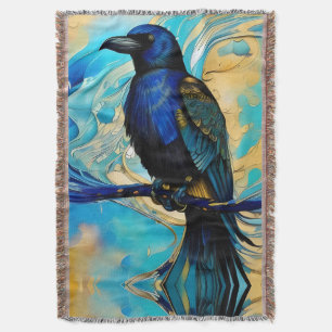 Blue Black Raven, blue and gold abstract Throw Blanket