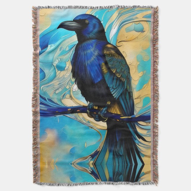 Blue Black Raven, blue and gold abstract Throw Blanket (Front Vertical)