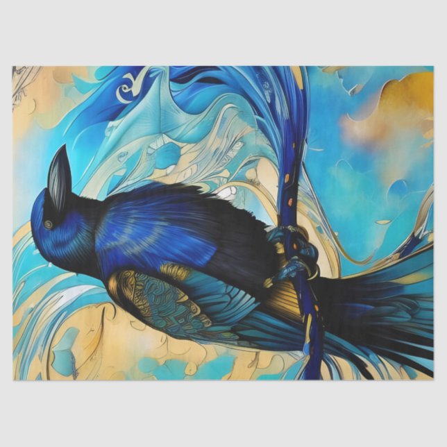 Blue Black Raven on blue and gold abstract Tissue Paper (Front)