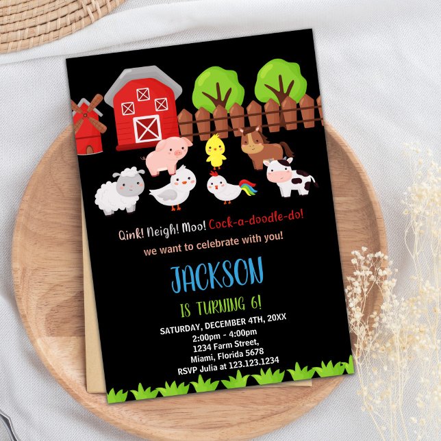 Blue Black Red Farm Animals Birthday Invitations (Blue Black Red Farm Animals Birthday Invitations)