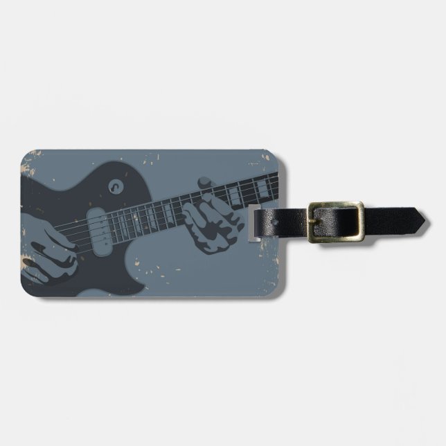 Blue & Black Rustic Guitar Player Luggage Tag (Front Horizontal)